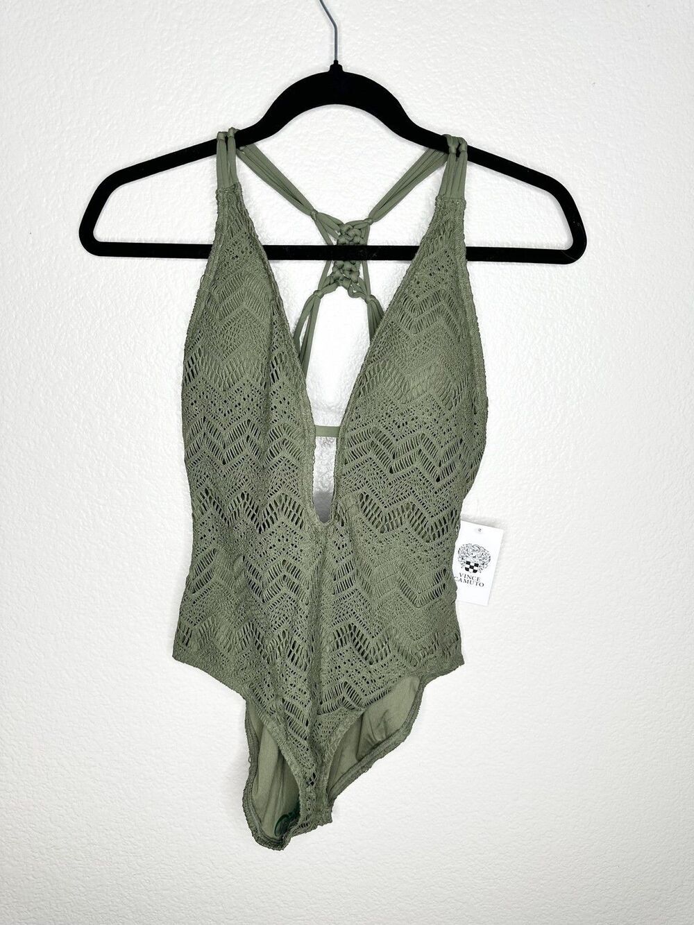 NEW Vince Camuto Swimsuit Womens 12 Green One Piece Crochet Strappy Back V90713